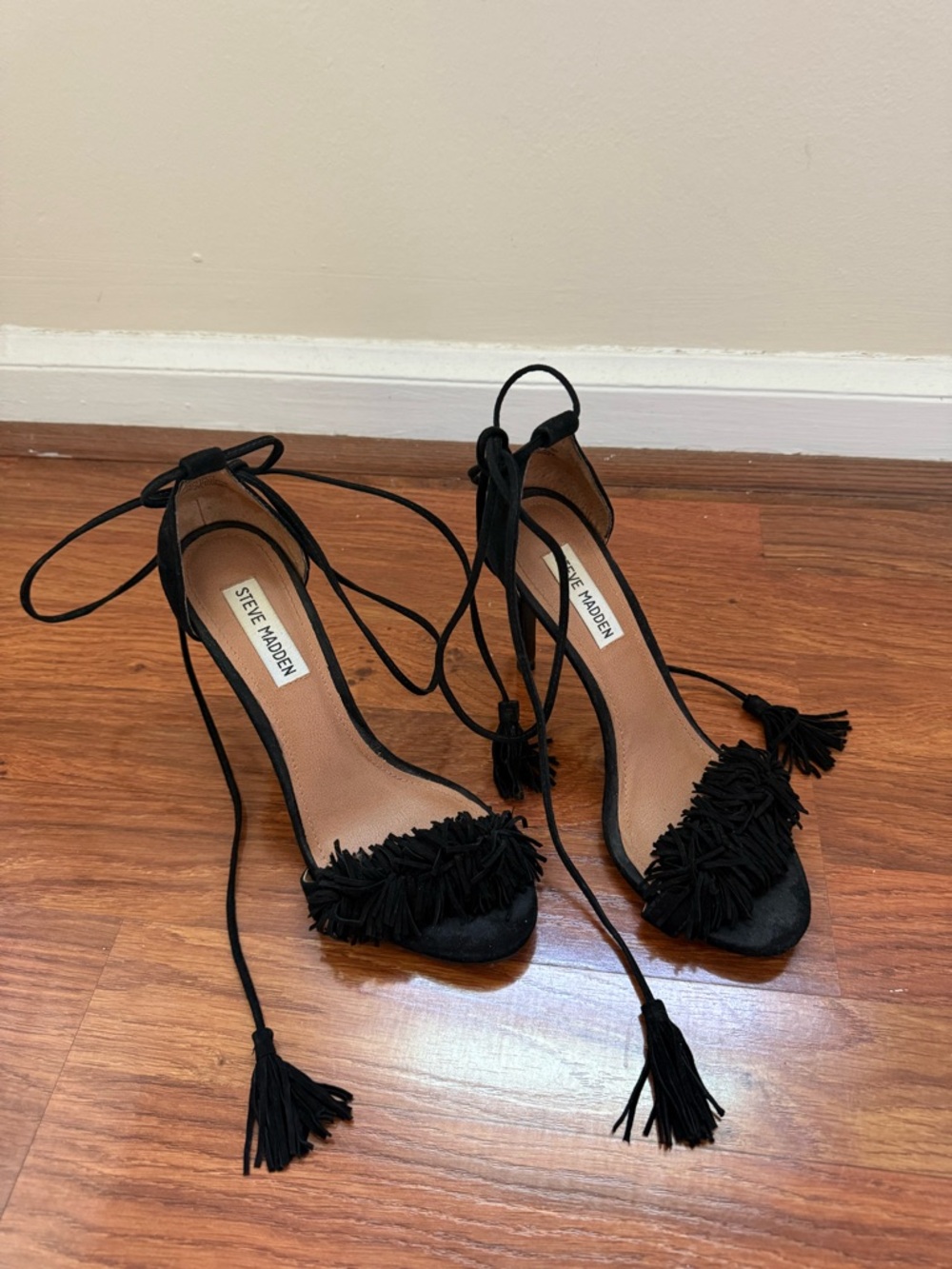 Steve Madden Black Tassel Ankle-Tie Heels (worn three times)